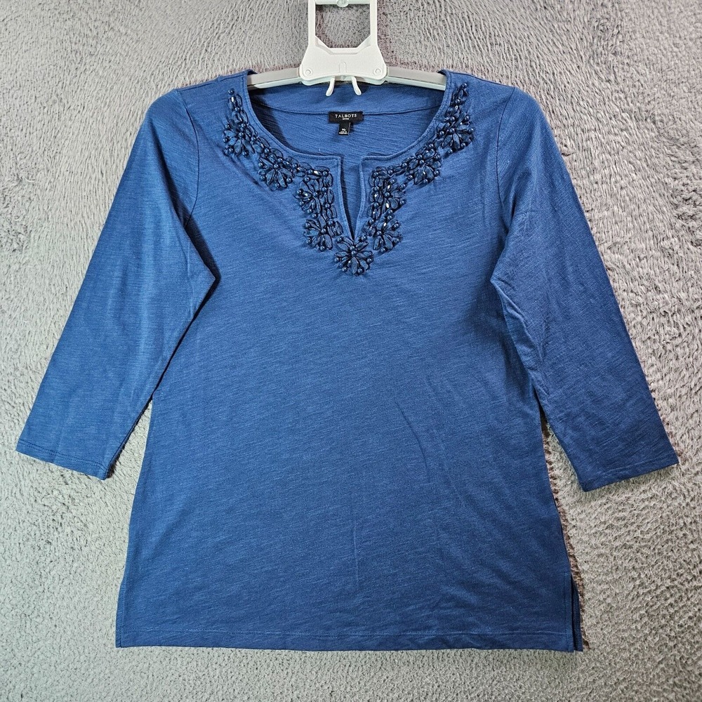 Talbots Top Medium Petite Bead & Ribbon‎ Detailed Slit Neck3/4 Sleeve Blue